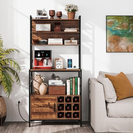 Bakers Rack with Power Outlet and Heavy-Duty Metal Frame-Reddish Brown