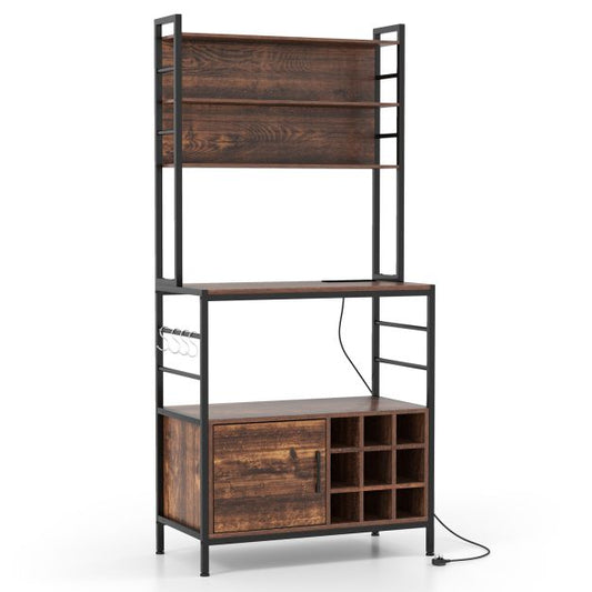 Bakers Rack with Power Outlet and Heavy-Duty Metal Frame-Reddish Brown