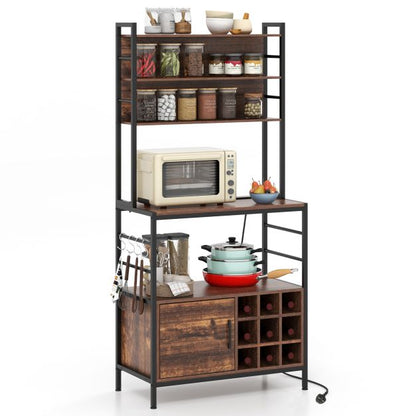 Bakers Rack with Power Outlet and Heavy-Duty Metal Frame-Reddish Brown