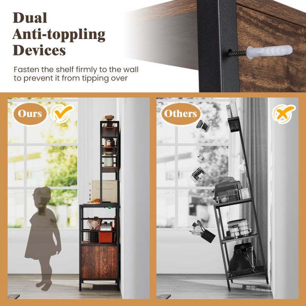 Bakers Rack with Power Outlet and Heavy-Duty Metal Frame-Reddish Brown