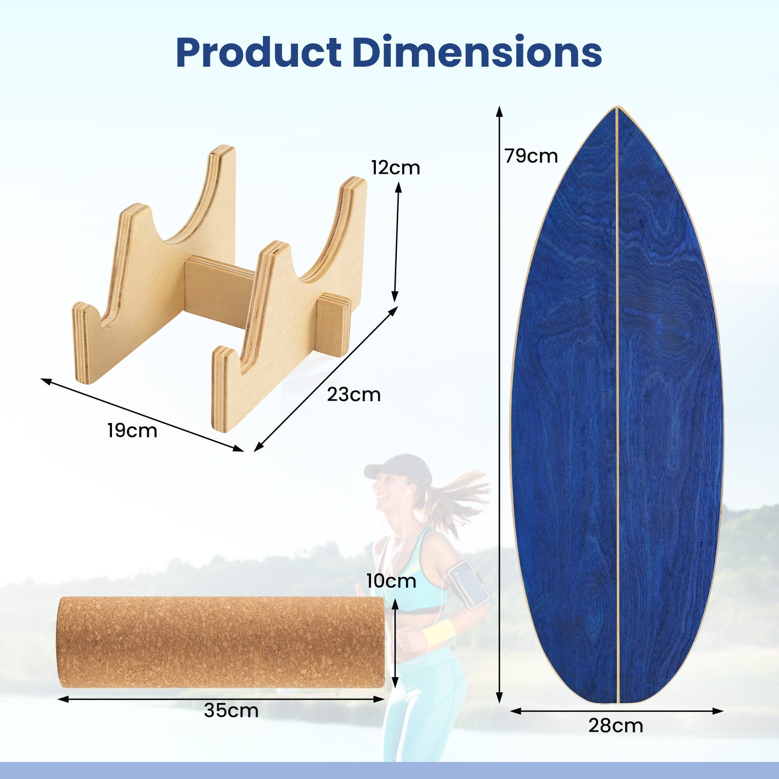 Balance Board Trainer for Adults Wooden Balancing Board with Cork Roller and Storage Rack to Exercise-Blue