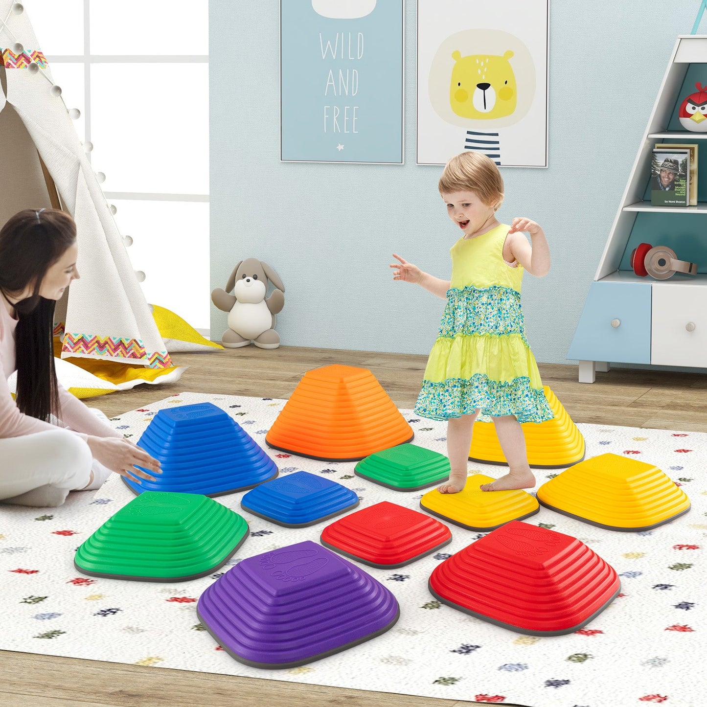 11 Pieces Kids Stepping Stone Toddler Balance Blocks with Full Non-Slip Rim-Multicolor