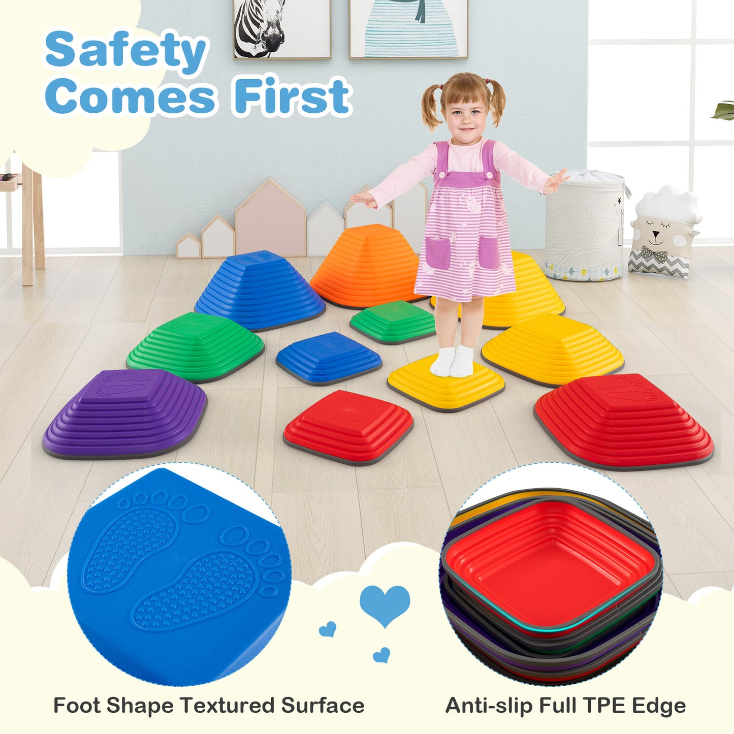 11 Pieces Kids Stepping Stone Toddler Balance Blocks with Full Non-Slip Rim-Multicolor