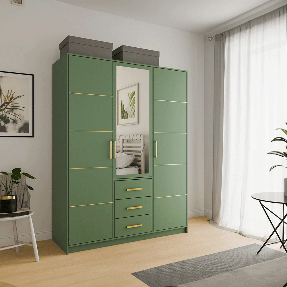 Green Mirrored Hinged Door Wardrobe 149cm – HAMPTON D3