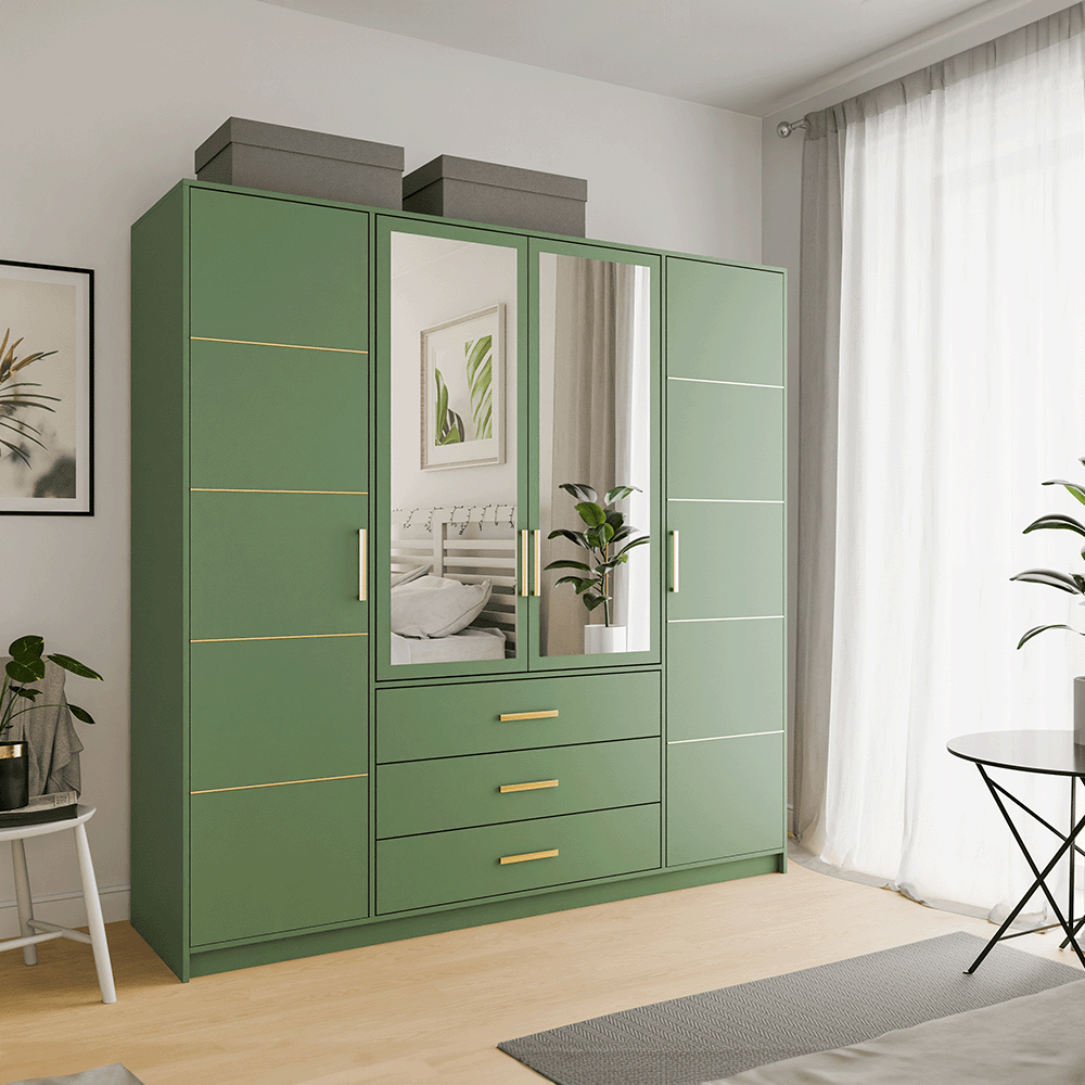 Green Mirrored Hinged Door Wardrobe 196cm – HAMPTON D4