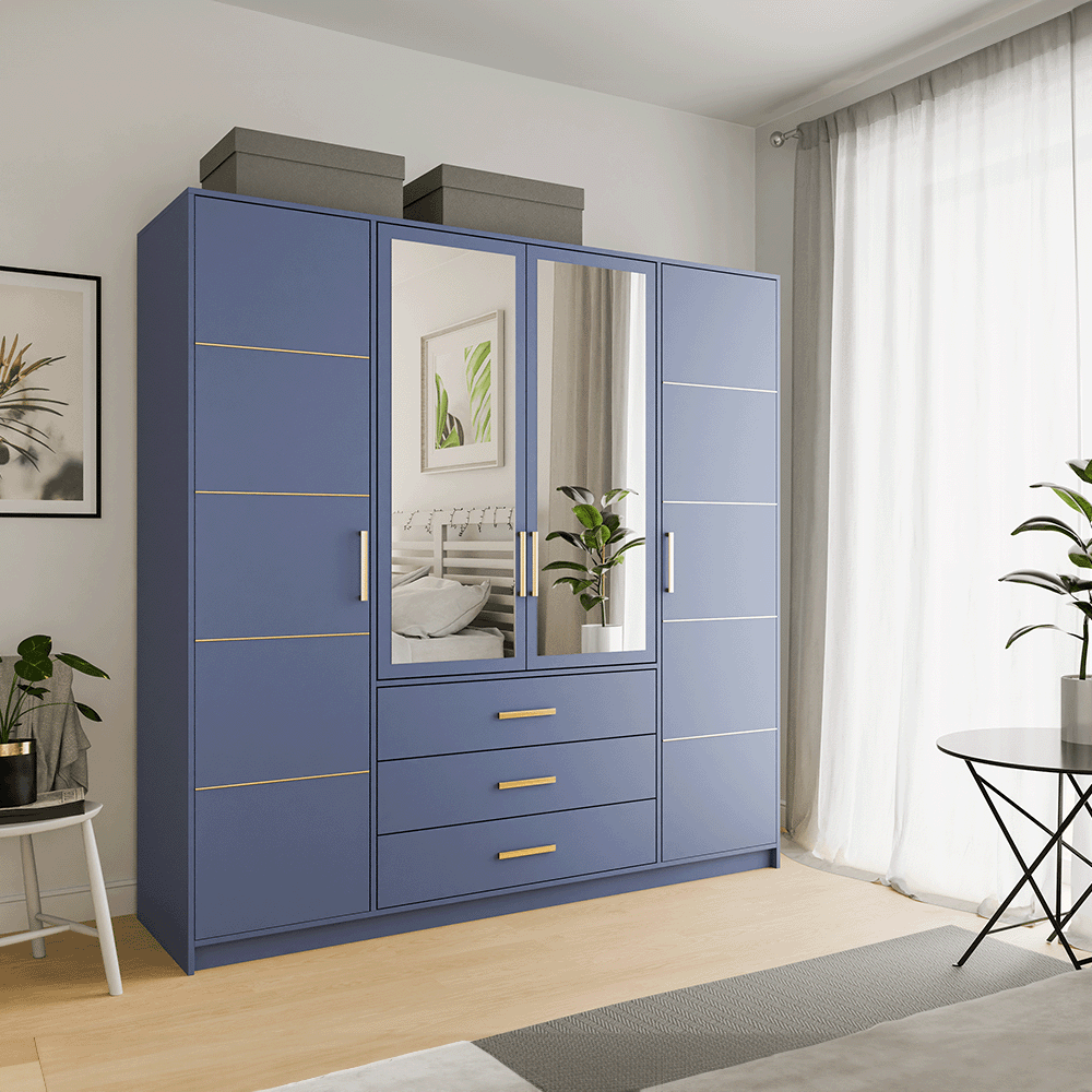 Blue Mirrored Hinged Door Wardrobe 196cm – HAMPTON D4