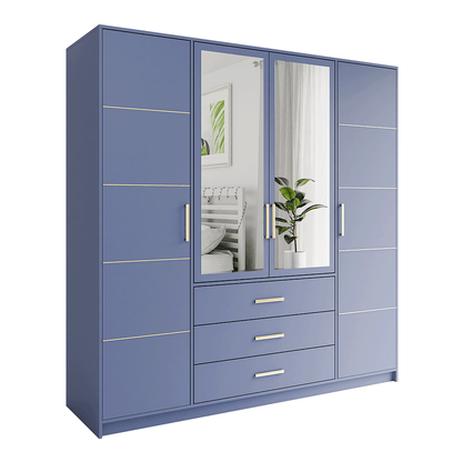 Blue Mirrored Hinged Door Wardrobe 196cm – HAMPTON D4