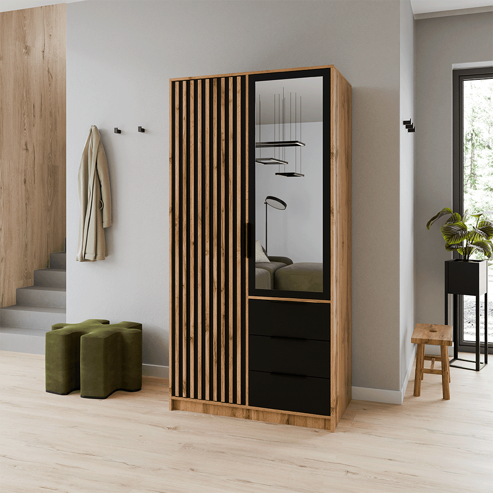 Oak Wotan Mirrored Hinged Door Wardrobe 100cm – HAMPTON LUX D2