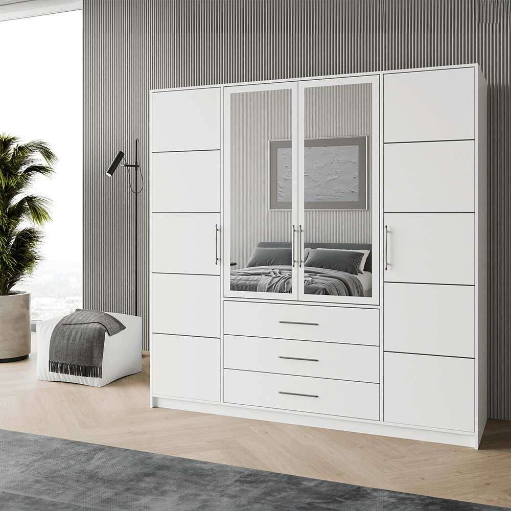 White Mirrored Hinged Door Wardrobe 196cm – HAMPTON D4