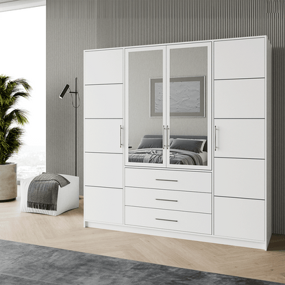 White Mirrored Hinged Door Wardrobe 196cm – HAMPTON D4