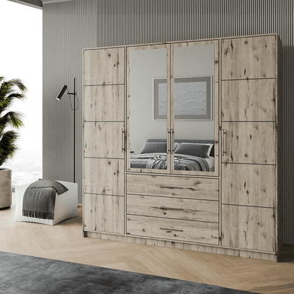 Oak Wellington Mirrored Hinged Door Wardrobe 196cm – HAMPTON D4