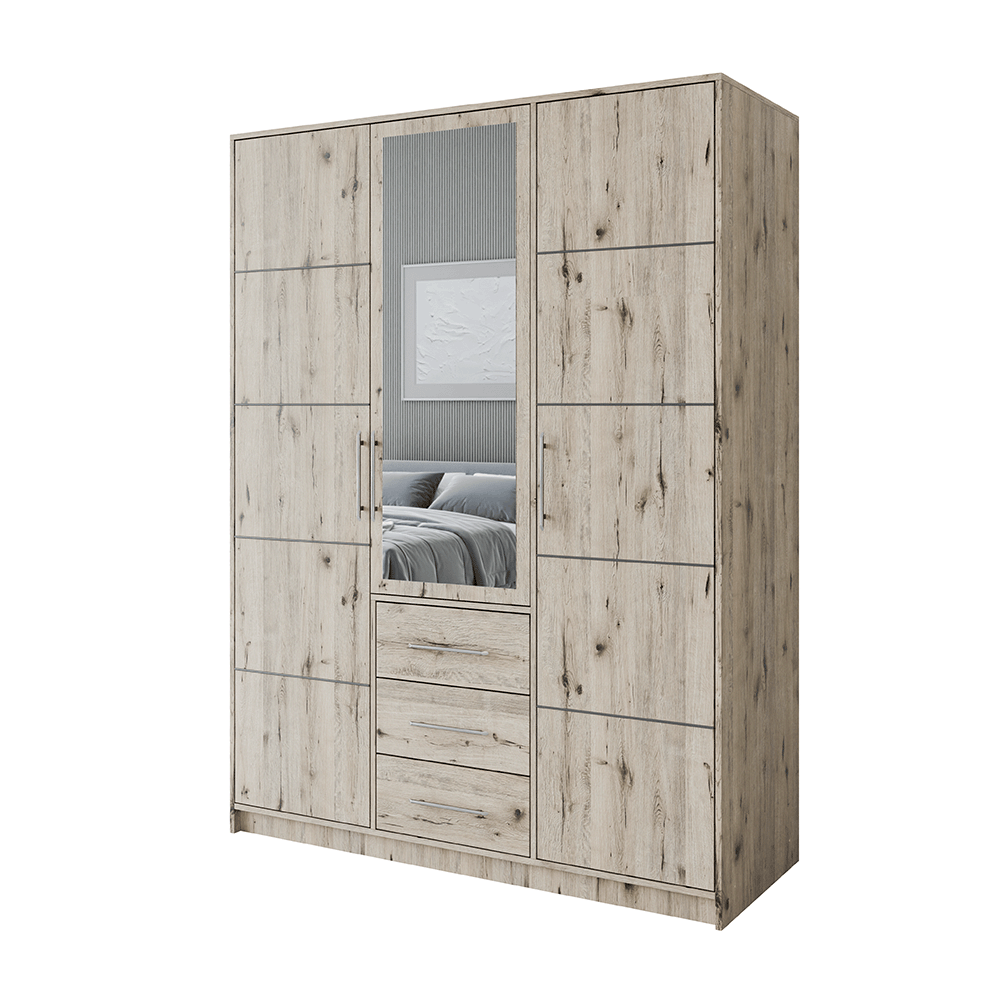 Oak Wellington Mirrored Hinged Door Wardrobe 149cm – HAMPTON D3