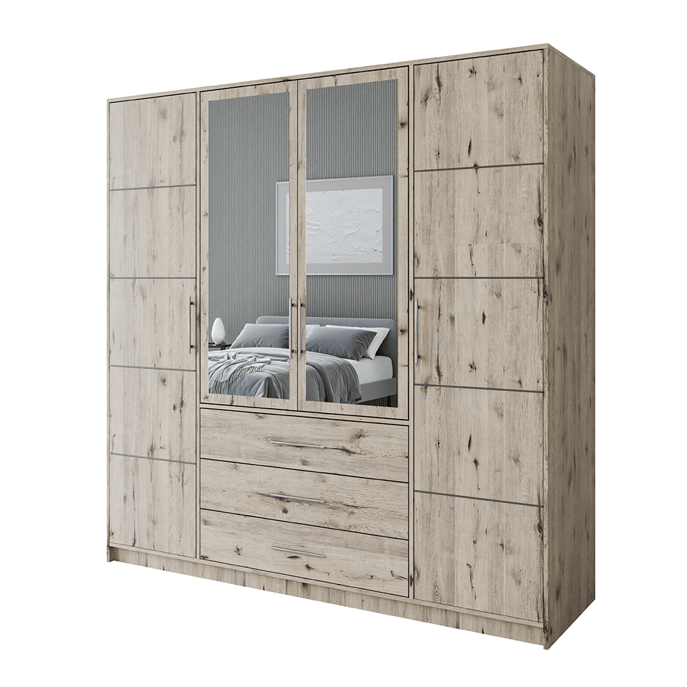 Oak Wellington Mirrored Hinged Door Wardrobe 196cm – HAMPTON D4