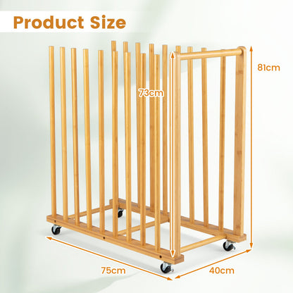 Bamboo Art Storage Rack with 4 Wheels and Side Handle for Canvases and Frames-Natural