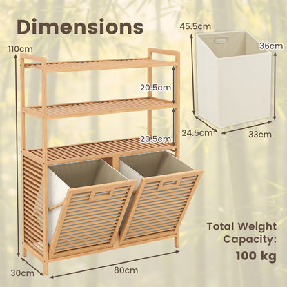 Bamboo Double Tilt Out Laundry Hamper with 3 ShelvesFreestanding Storage Cabinet-Natural