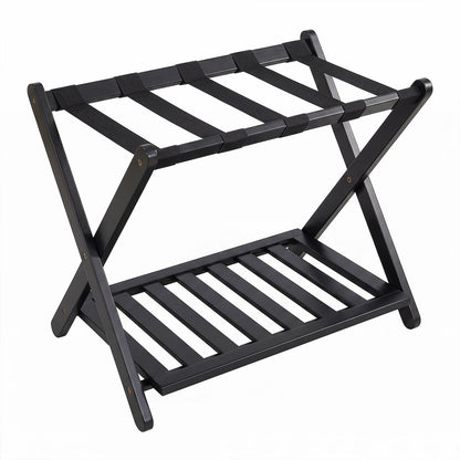 Bamboo Folding Luggage Rack with Straps and Storage Shelves for Guest Room-Black