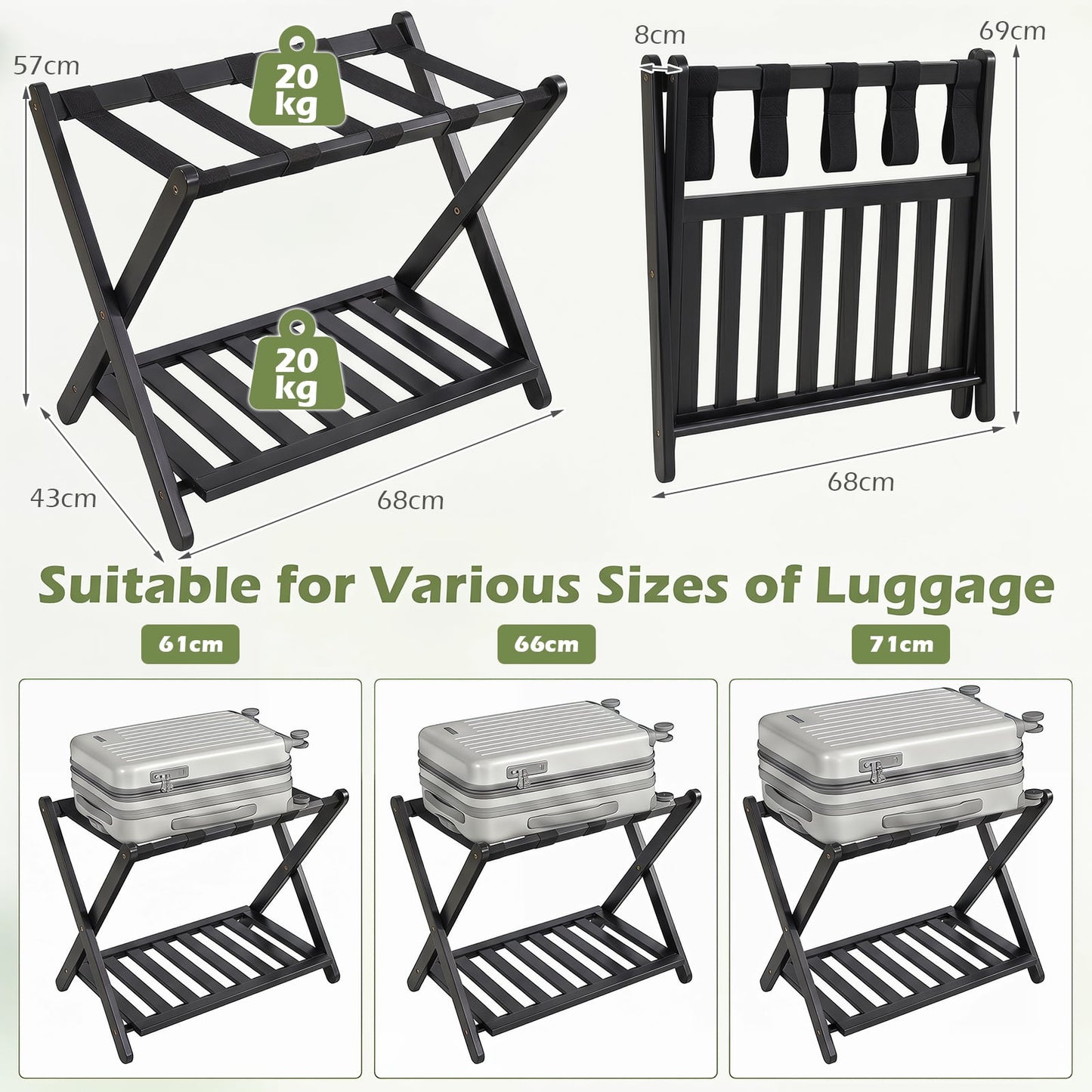 Bamboo Folding Luggage Rack with Straps and Storage Shelves for Guest Room-Black