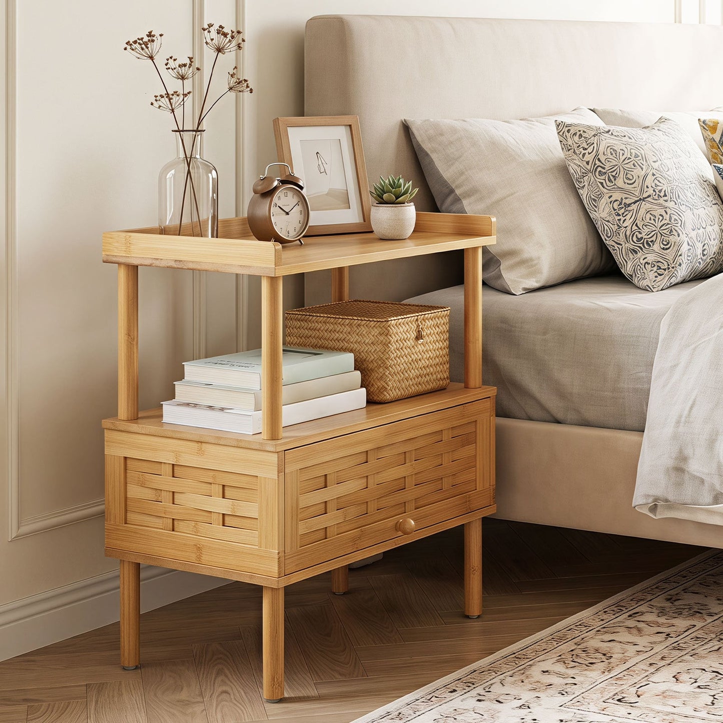Bamboo Rattan Nightstand with Raised Edge Flip-Up Door and Open Shelf-Natrual