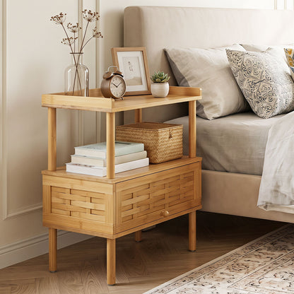 Bamboo Rattan Nightstand with Raised Edge Flip-Up Door and Open Shelf-Natrual