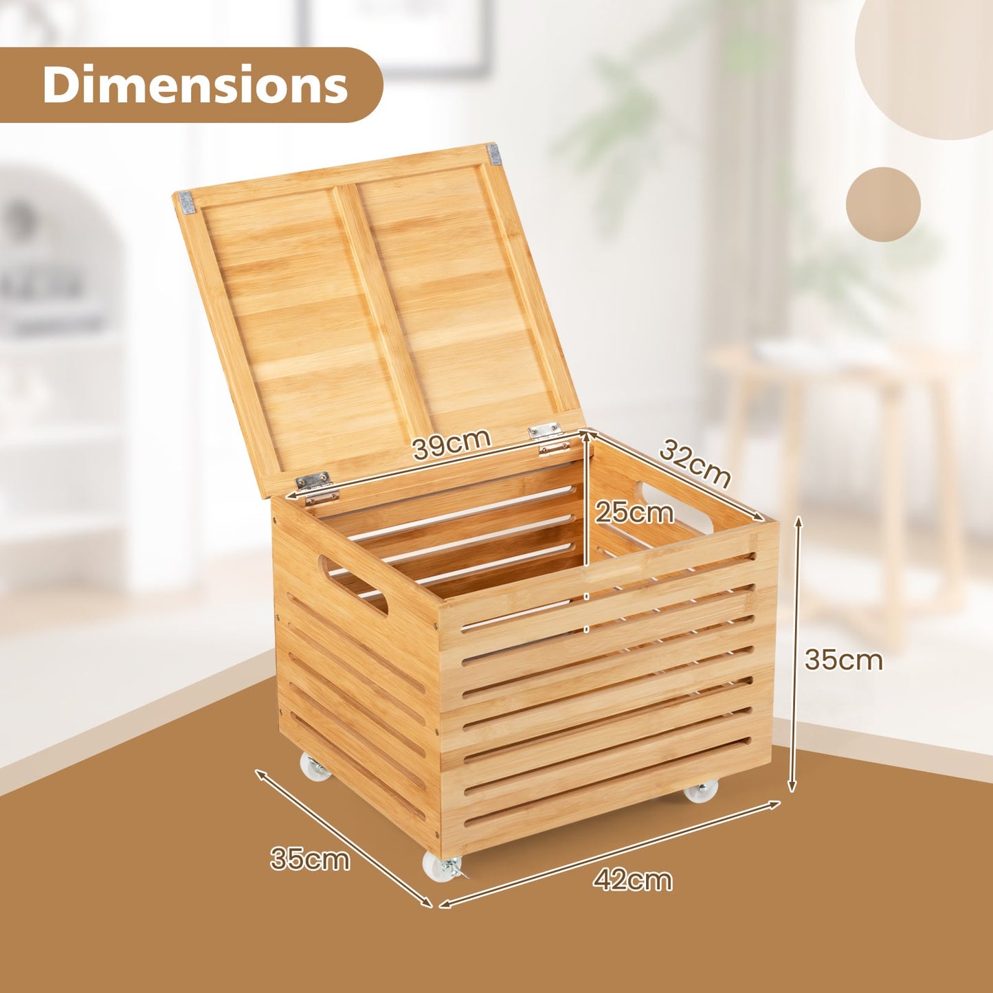 Bamboo Rolling Storage Box with 4 Wheels and Lid for Home-Natural
