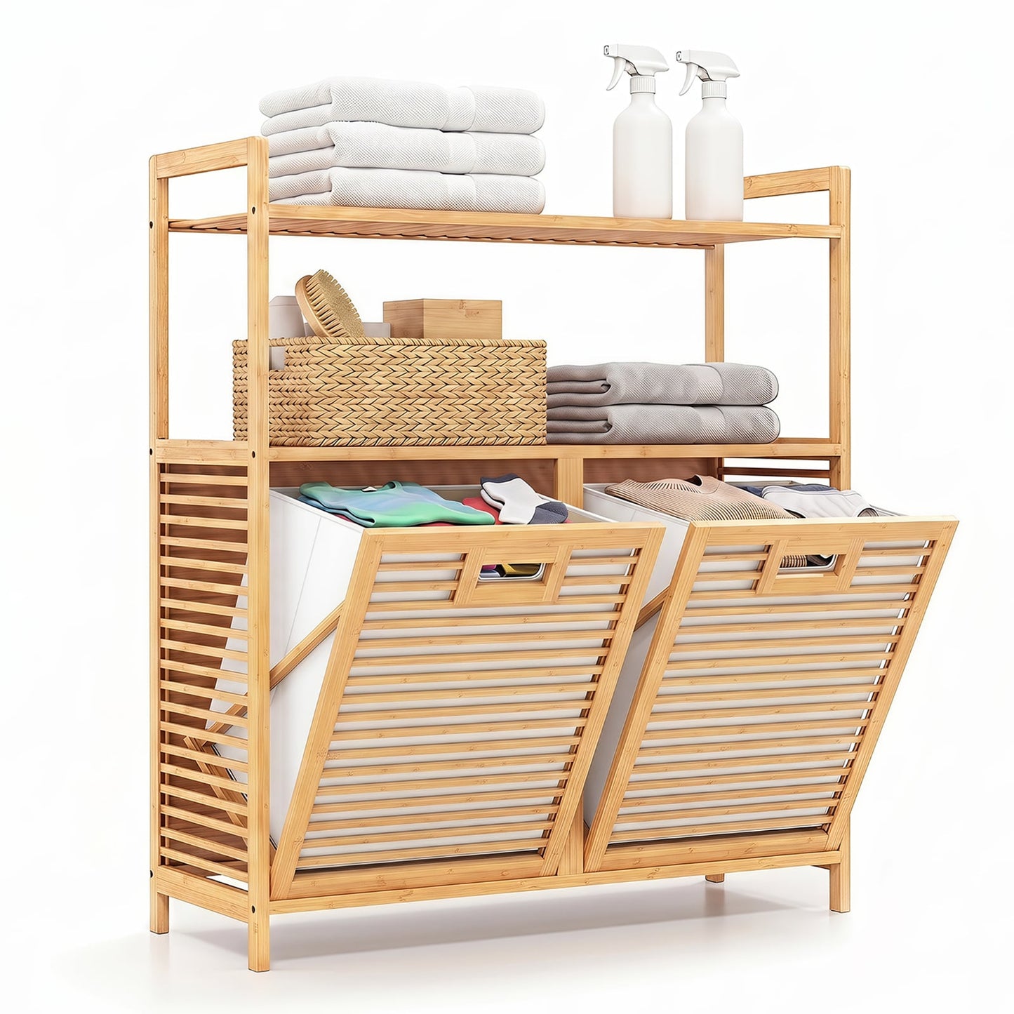 Bamboo laundry basket with Handles and Removable Liner Bags-Natural
