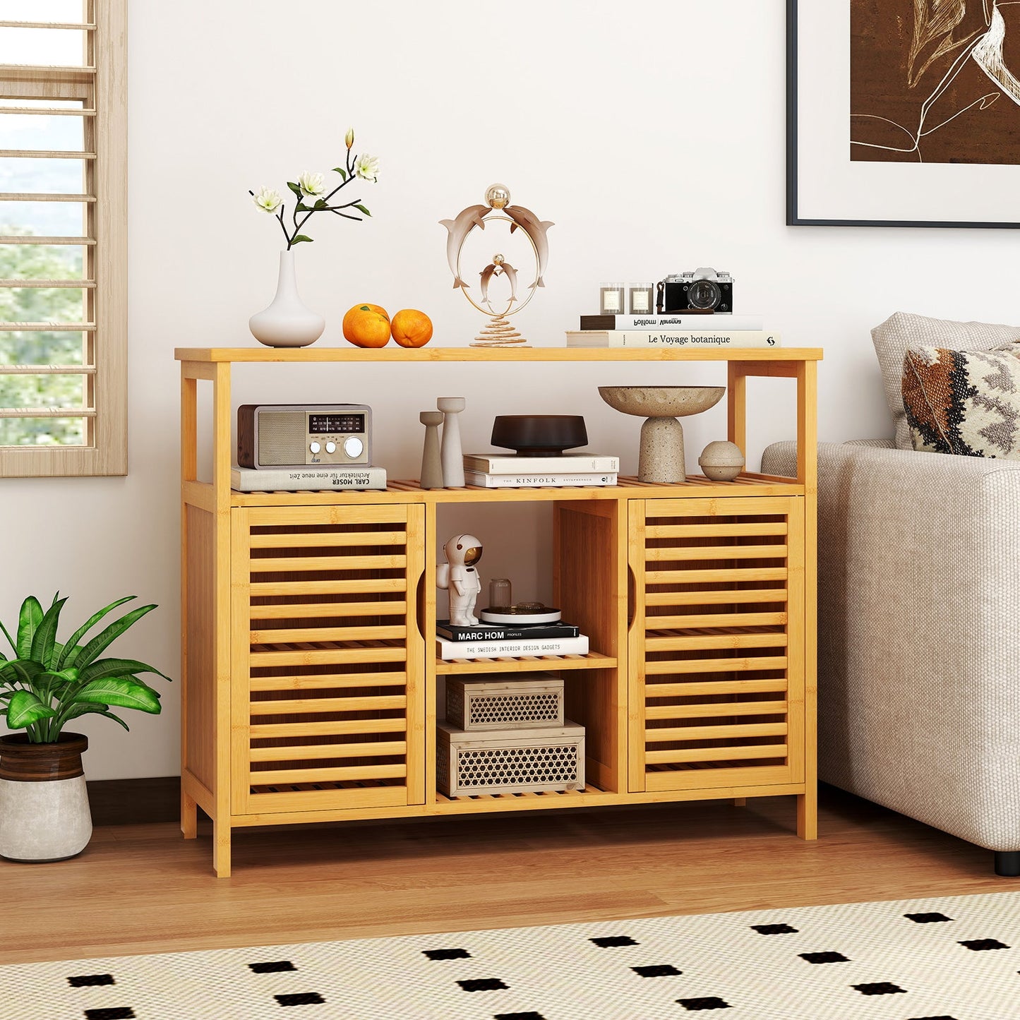 Bamboo Bathroom Cabinet 2-Door Storage Organizer with Shelves-Natural