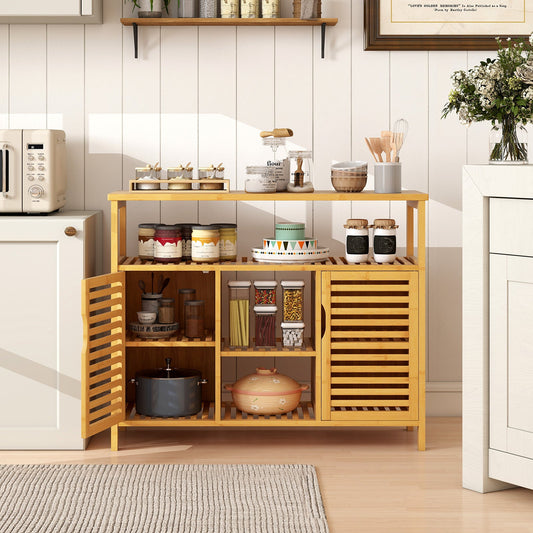 Bamboo Bathroom Cabinet 2-Door Storage Organizer with Shelves-Natural