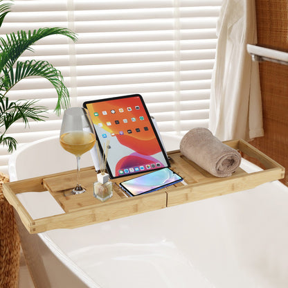 Bamboo Bathtub Caddy Tray with Adjustable Book Stand-Natural