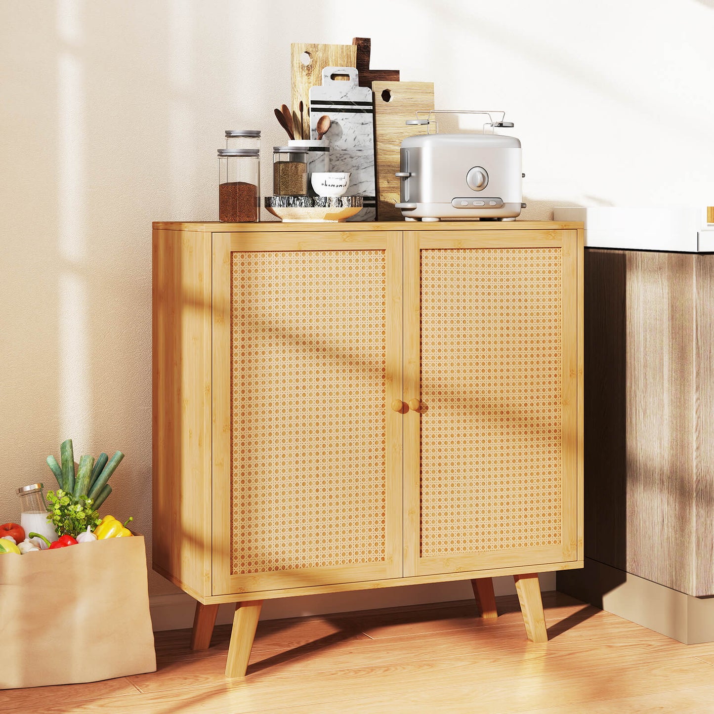 Bamboo Buffet Cabinet Sideboard with PE Rattan Doors-Natural