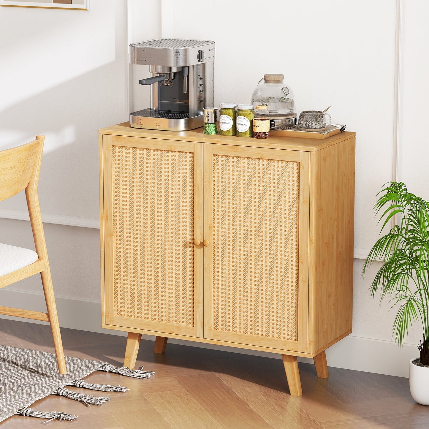 Bamboo Buffet Storage Cabinet with PE Rattan Doors and Freestanding Kitchen Cupboard-Natural