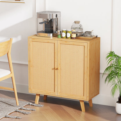 Bamboo Buffet Storage Cabinet with PE Rattan Doors and Freestanding Kitchen Cupboard-Natural