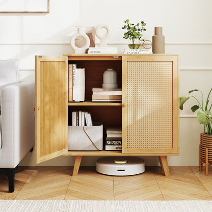 Bamboo Buffet Storage Cabinet with PE Rattan Doors and Freestanding Kitchen Cupboard-Natural