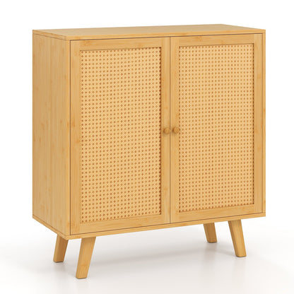 Bamboo Buffet Storage Cabinet with PE Rattan Doors and Freestanding Kitchen Cupboard-Natural