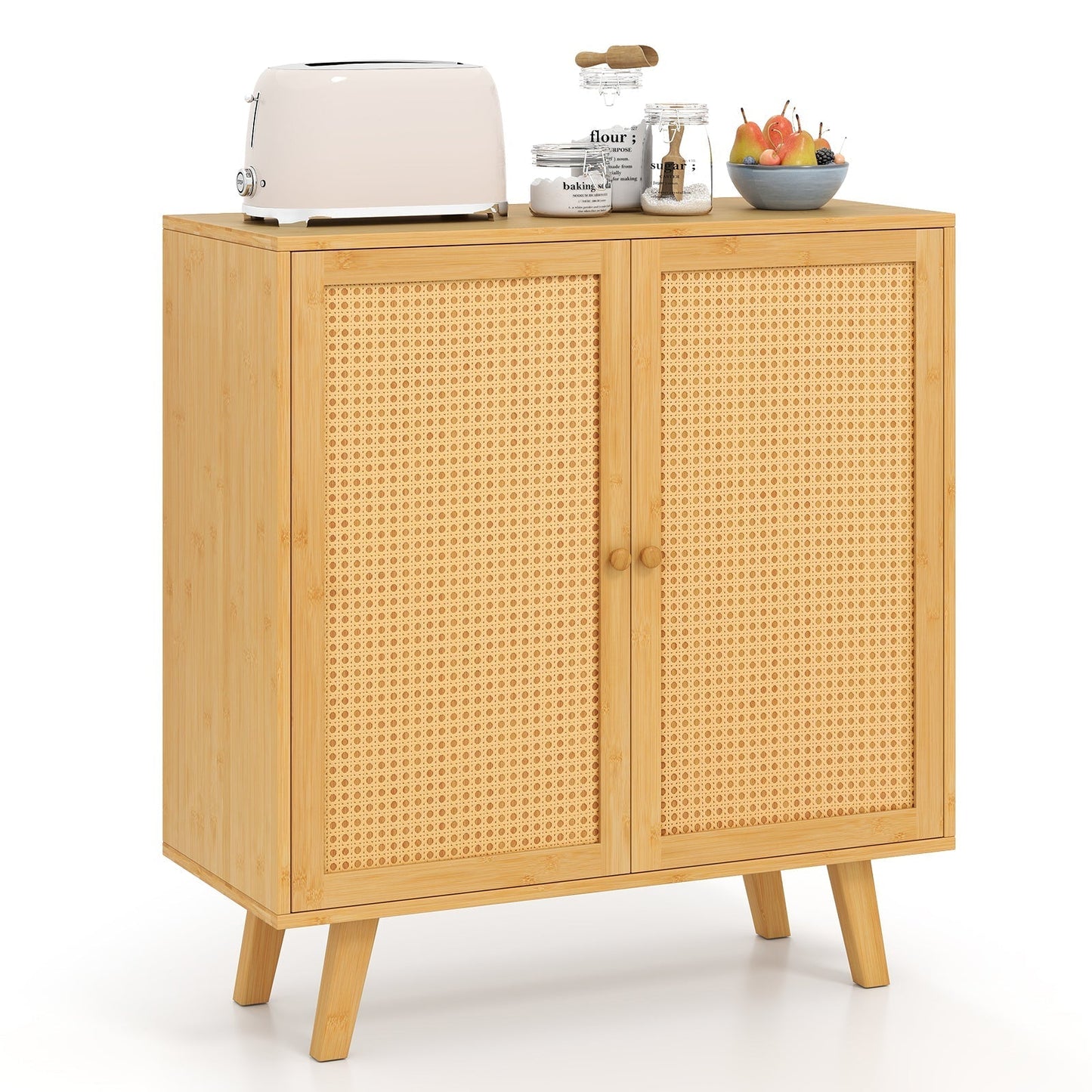Bamboo Buffet Storage Cabinet with PE Rattan Doors and Freestanding Kitchen Cupboard-Natural