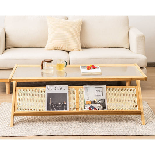 Bamboo Coffee Table with Glass Tabletop-Natural
