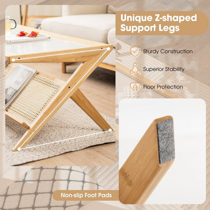 Bamboo Coffee Table with Glass Tabletop-Natural