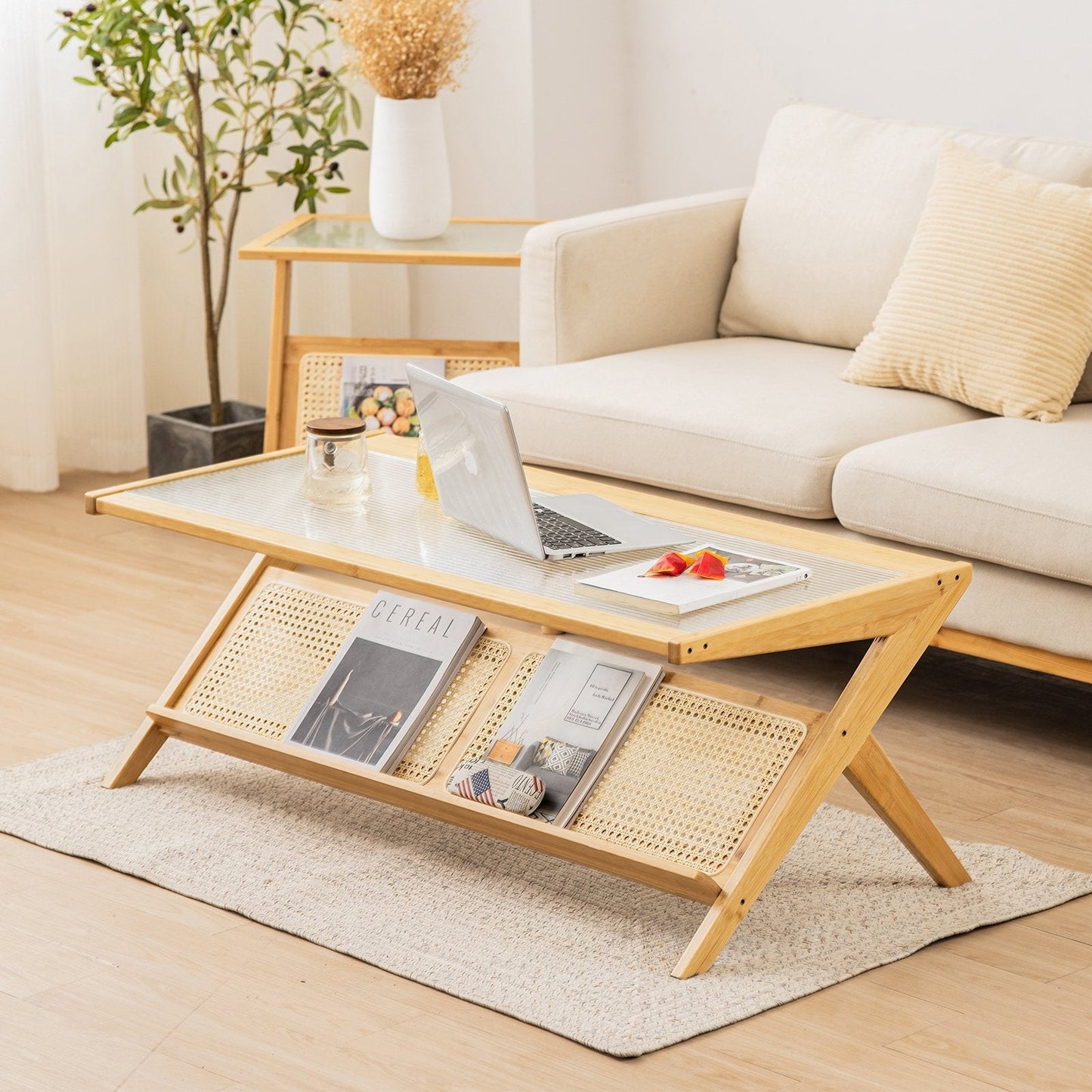 Bamboo Coffee Table with Glass Tabletop-Natural
