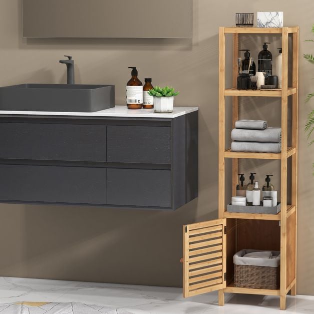 Bathroom shelf bamboo standing shelf with 4 levels of shelves and louvre door 34 x 33 x 140 cm natural