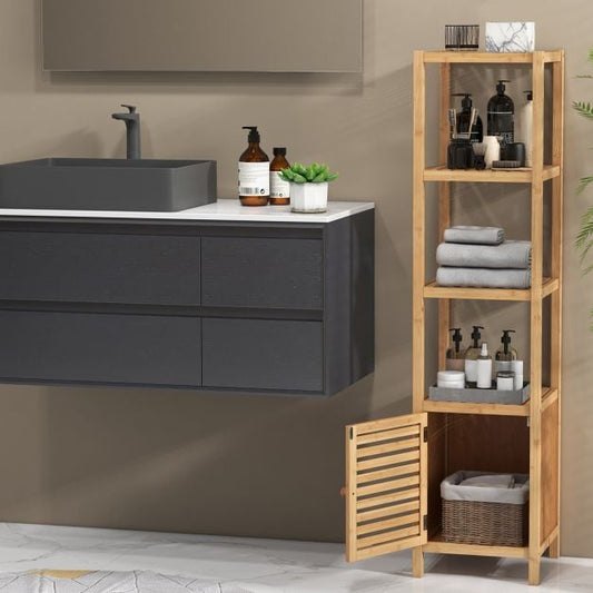 Bathroom shelf bamboo standing shelf with 4 levels of shelves and louvre door 34 x 33 x 140 cm natural
