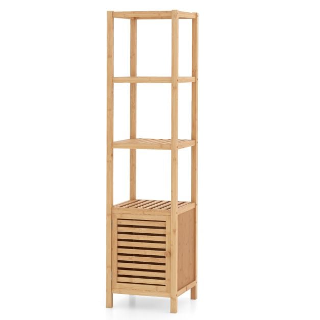 Bathroom shelf bamboo standing shelf with 4 levels of shelves and louvre door 34 x 33 x 140 cm natural