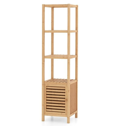 Bathroom shelf bamboo standing shelf with 4 levels of shelves and louvre door 34 x 33 x 140 cm natural