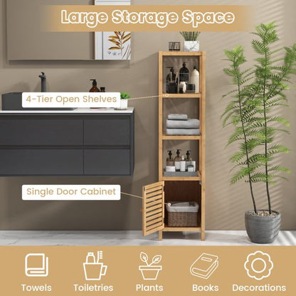 Bathroom shelf bamboo standing shelf with 4 levels of shelves and louvre door 34 x 33 x 140 cm natural