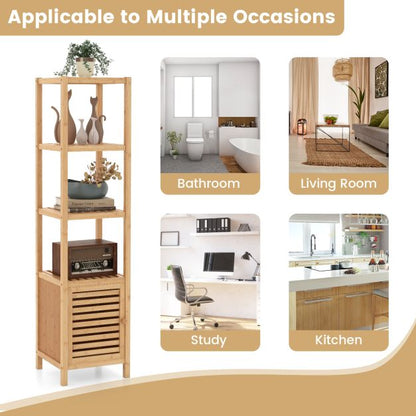 Bathroom shelf bamboo standing shelf with 4 levels of shelves and louvre door 34 x 33 x 140 cm natural