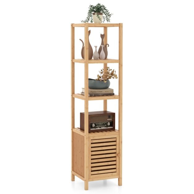 Bathroom shelf bamboo standing shelf with 4 levels of shelves and louvre door 34 x 33 x 140 cm natural