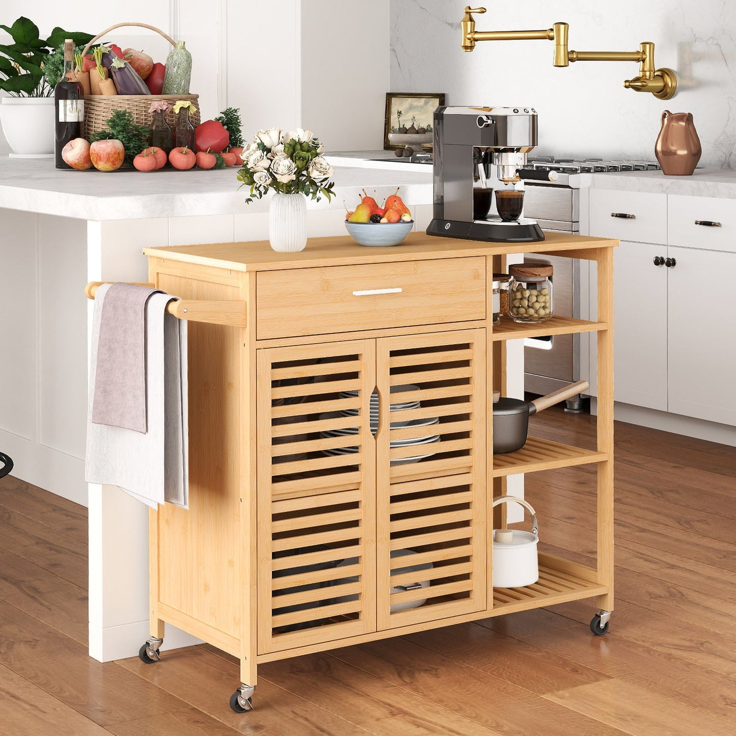 Bamboo Kitchen Island Cart Rolling Storage Sideboard with Towel Bar-Natural