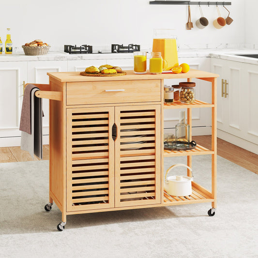 Bamboo Kitchen Island Cart Rolling Storage Sideboard with Towel Bar-Natural