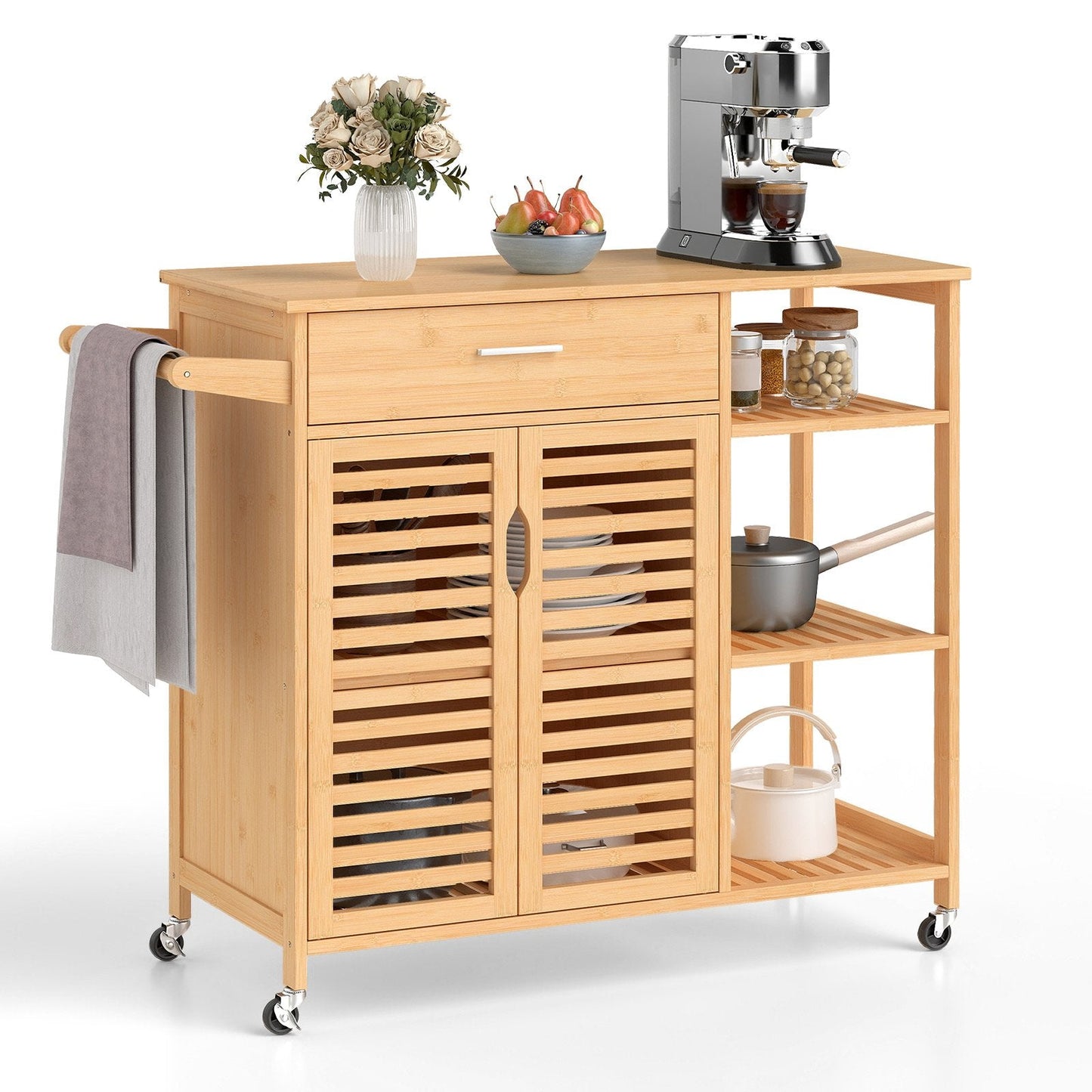 Bamboo Kitchen Island Cart Rolling Storage Sideboard with Towel Bar-Natural