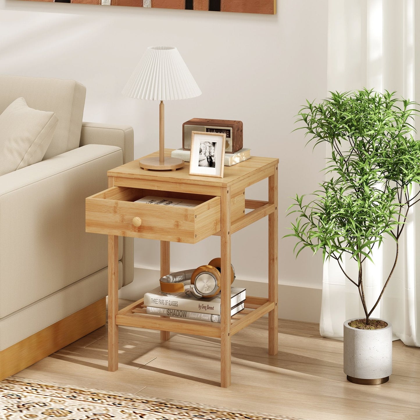 Bamboo Nightstand Bedside Table with Drawer and Open Storage Shelf-Natural