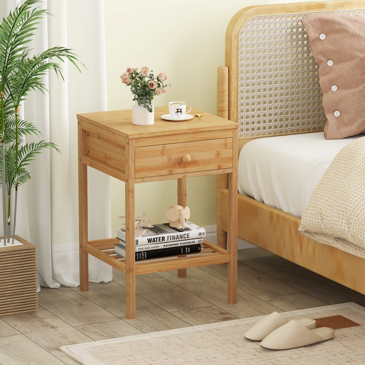 Bamboo Nightstand Bedside Table with Drawer and Open Storage Shelf-Natural