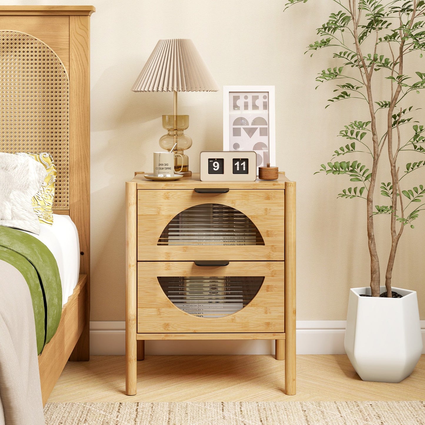 Bamboo Nightstand Mid-century Modern Bedside Table with 2 Storage Drawers-Natural